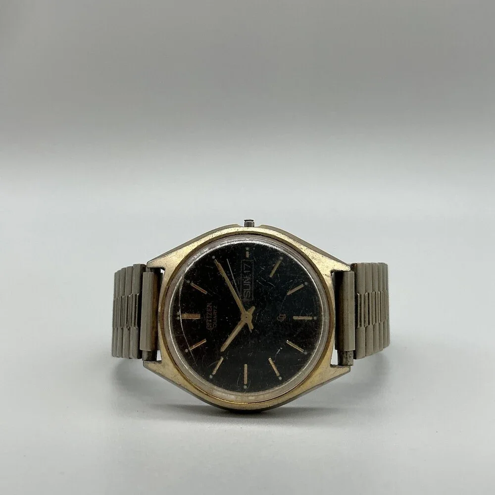Vintage Citizen H100 Mens Watch 36mm Black Dial Day Date Missing Crown For Parts